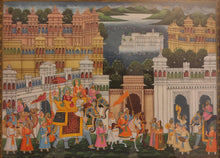 Load image into Gallery viewer, Rare Indian Framed Maharaja Blue Color Scheme Rajasthani Procession Detailed Miniature Painting Fine Art Exquisite Artwork Udaipur City - ArtUdaipur
