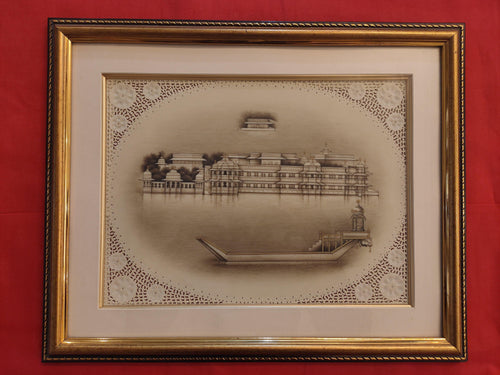 Hand Painted Udaipur City Rajasthani Lake Palace Miniature Painting Scene Artwork Framed Frame Fine Art - ArtUdaipur