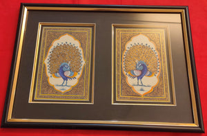 Framed Peacock Pair Bird Indian Miniature Painting - ArtUdaipur