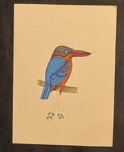 Load image into Gallery viewer, Hand Painted Blue Orange KingFisher Bird Indian Miniature Painting Art
