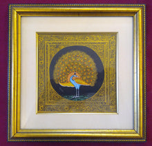 Load image into Gallery viewer, Beautiful Peacock Bird on Silk Framed Indian Miniature Painting - ArtUdaipur
