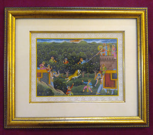 Framed Animal Hunting Battle Scene Painting with Deep Meaning India - ArtUdaipur