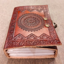 Load image into Gallery viewer, Handmade Chakra Embossed Small Pocket Size Leather Bound Travel Journal - 200 Unlined Recycled Notebook - Handcrafted Unisex Book Of Shadows
