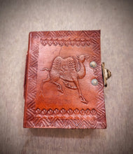 Load image into Gallery viewer, Handmade Camel Embossed Pocket Sized Locked Notebook - Recycled Refillable Unlined Papers - Unisex Leather Gift
