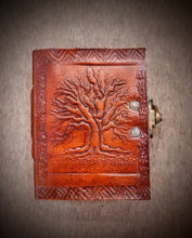 Load image into Gallery viewer, Tiny Tree of Life Embossed Handcrafted Locked Pocket Size Leather Journal , Recycled Refillable Unlined Paper
