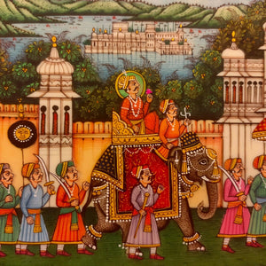 Indian King Maharajah Procession Miniature Painting Traditional Art