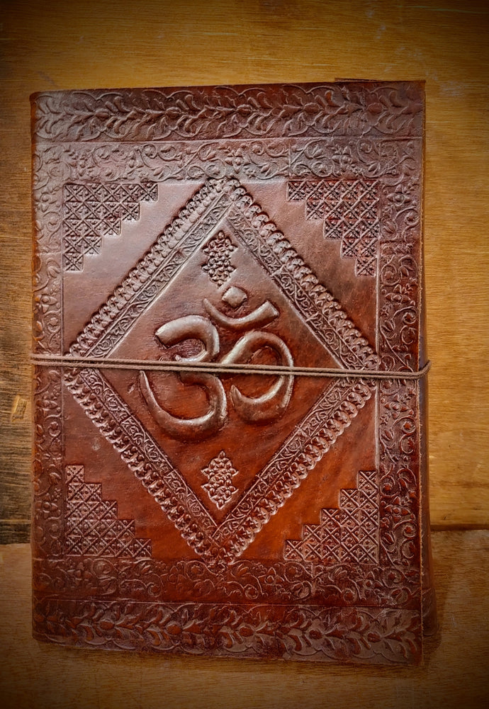 Handcrafted Om Embossed Large A4 Size Unisex Travel Leather Bound Journal - 200 Unlined Recycled Refillable Paper - Book of Shadows
