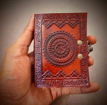 Load image into Gallery viewer, Handmade Chakra Embossed Small Pocket Size Leather Bound Travel Journal - 200 Unlined Recycled Notebook - Handcrafted Unisex Book Of Shadows
