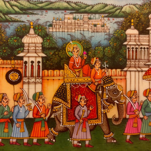 Indian King Maharajah Procession Miniature Painting Traditional Art