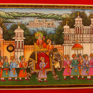 Indian King Maharajah Procession Miniature Painting Traditional Art
