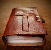 Load image into Gallery viewer, Pocket Size Handcrafted Locked Crucifix Embossed Holy Church Journal - Handmade Recycled Refillable Diary - Unlined 200 Thick Pages
