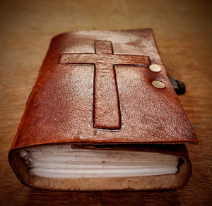 Pocket Size Handcrafted Locked Crucifix Embossed Holy Church Journal - Handmade Recycled Refillable Diary - Unlined 200 Thick Pages