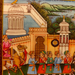 Indian King Maharajah Procession Miniature Painting Traditional Art