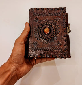 Handmade A5 Sized Semi Precious Stone Embedded Leather Bound Journal - Medium Sized Travel Notebook - 200 Unlined Refillable Paper - Unisex Assorted Vintage Sketchbook