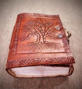 Tiny Tree of Life Embossed Handcrafted Locked Pocket Size Leather Journal , Recycled Refillable Unlined Paper