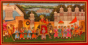 Indian King Maharajah Procession Miniature Painting Traditional Art
