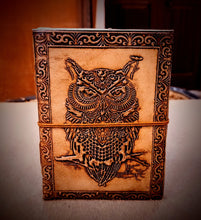 Load image into Gallery viewer, Fearless Owl Embossed Vintage Brown Large A5 Size Leather Journal - Unlined Recycled Refillable Paper - Unisex Travel Notebook
