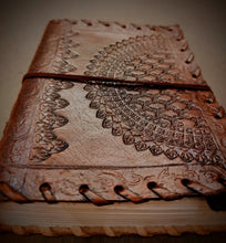 Load image into Gallery viewer, Handmade Dark Brown Embossed Leather Bound Journal - 200 Unlined Recycled Pages - A5 Sized Unisex Travel Diary - Book of Shadows
