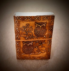 Owl Pair Embossed Vintage Handmade  A5 Size Leather Bound Journal - 100/200 Unlined Recycled Refillable Pages